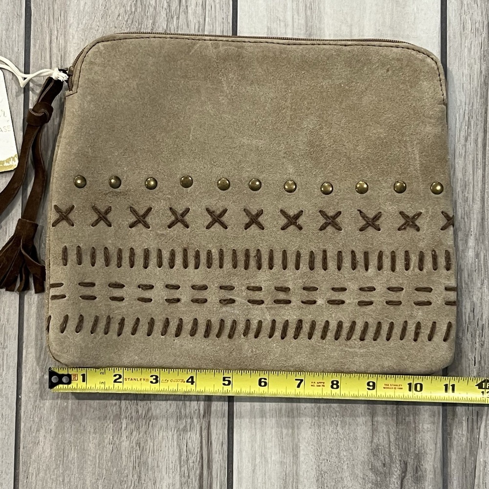 Genuine Leather Tablet Case Women OS Taupe Like New Boho Suede Studded Tassel - Picture 5 of 6